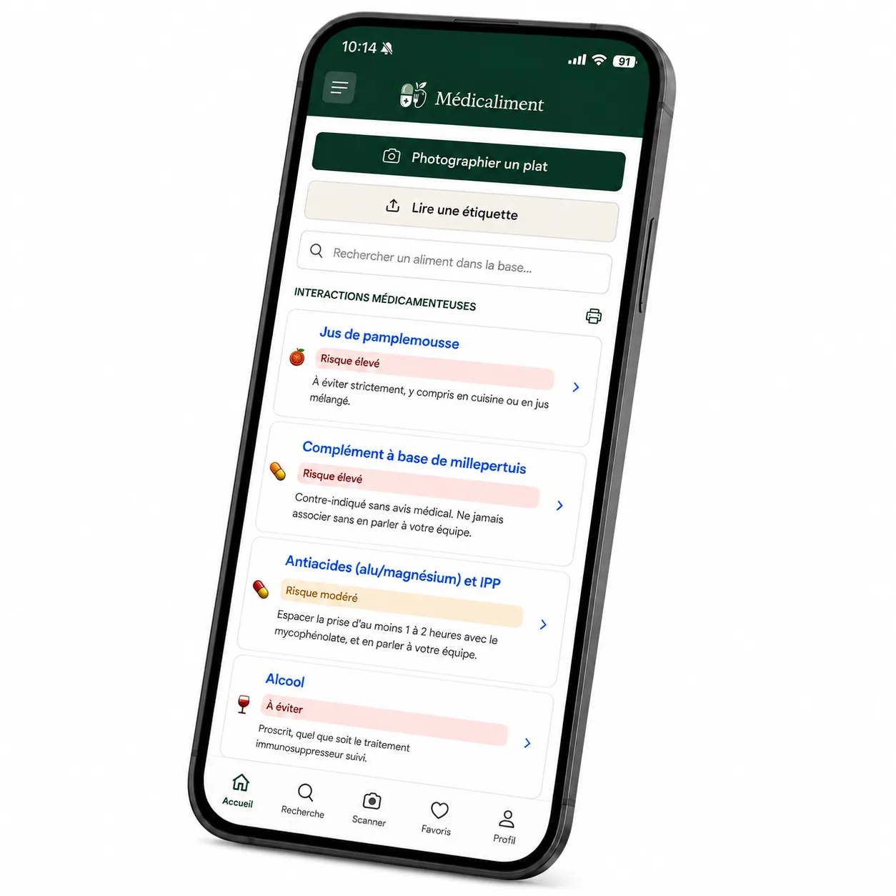 Écran Médicaliment présentant des interactions
